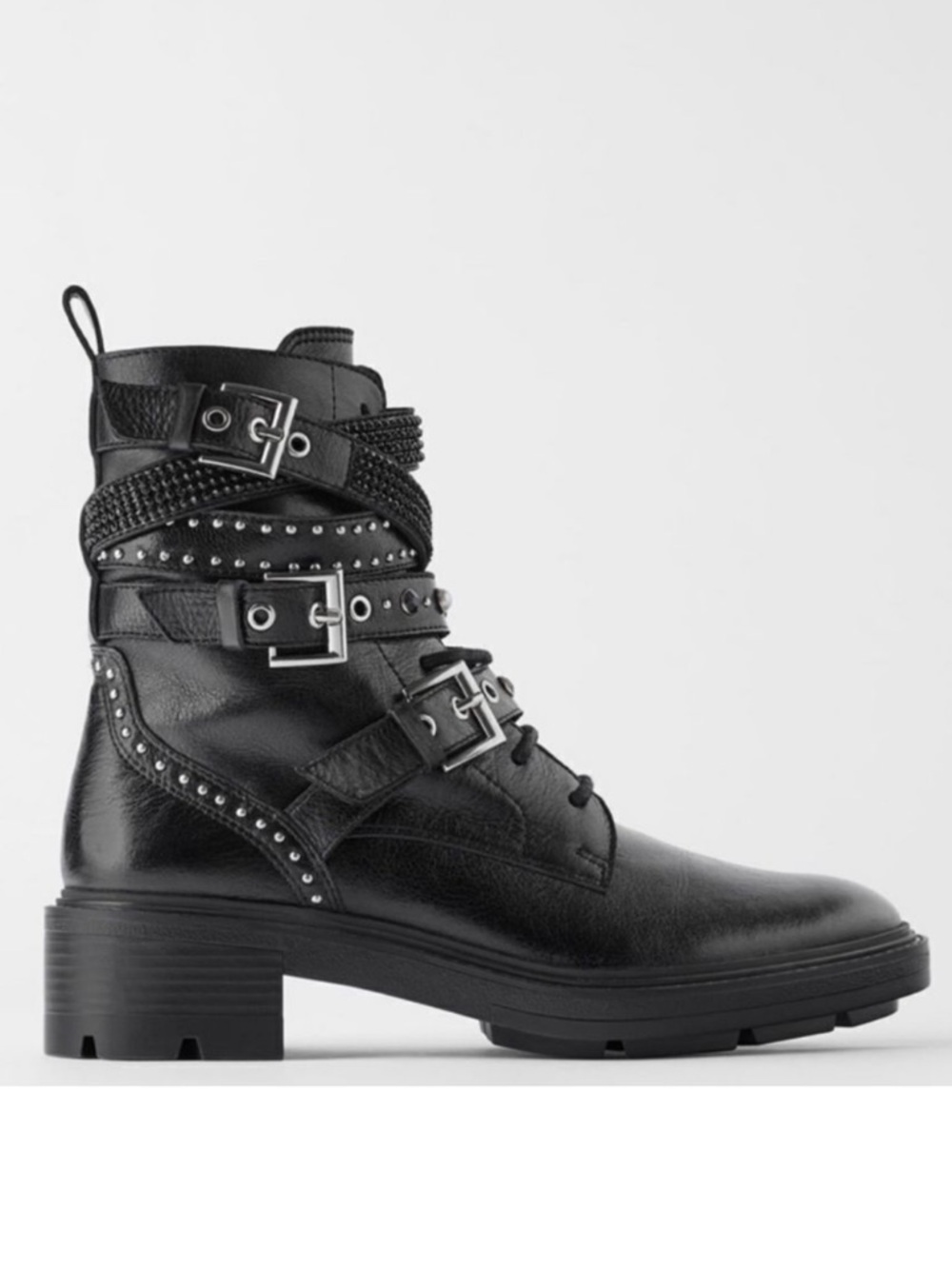 NWT ZARA Studded Rhinestone Buckle Moto Leather Boots 37